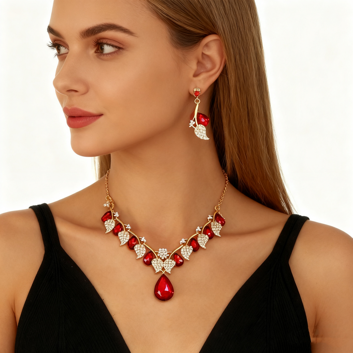Red Crystal Diamond Necklace & Earring Set