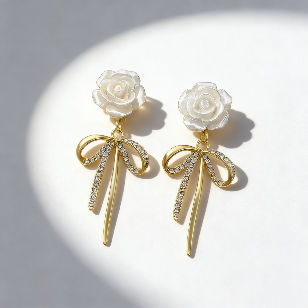 Elegant Bow & White Flower Stud Earrings