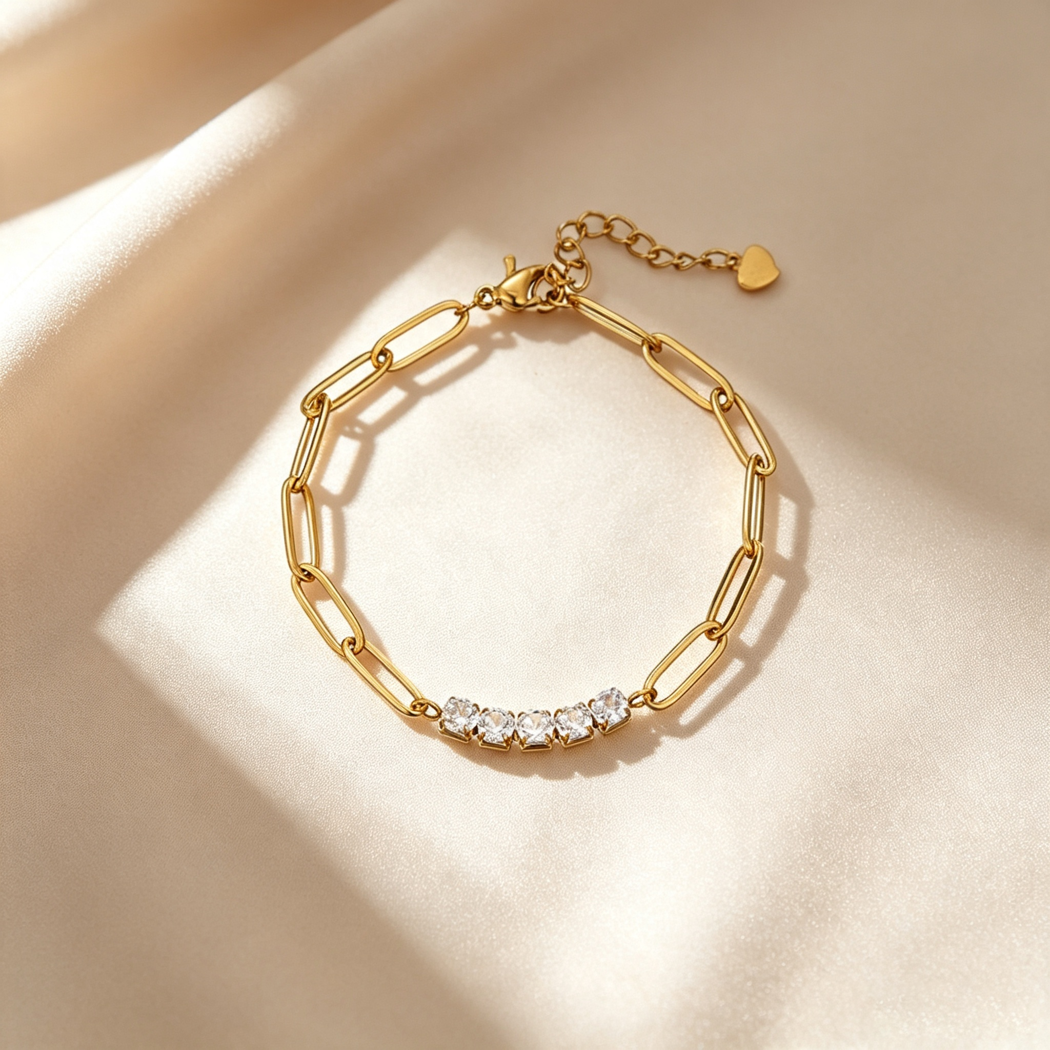 Paperclip Link Round Stone Station Bracelet