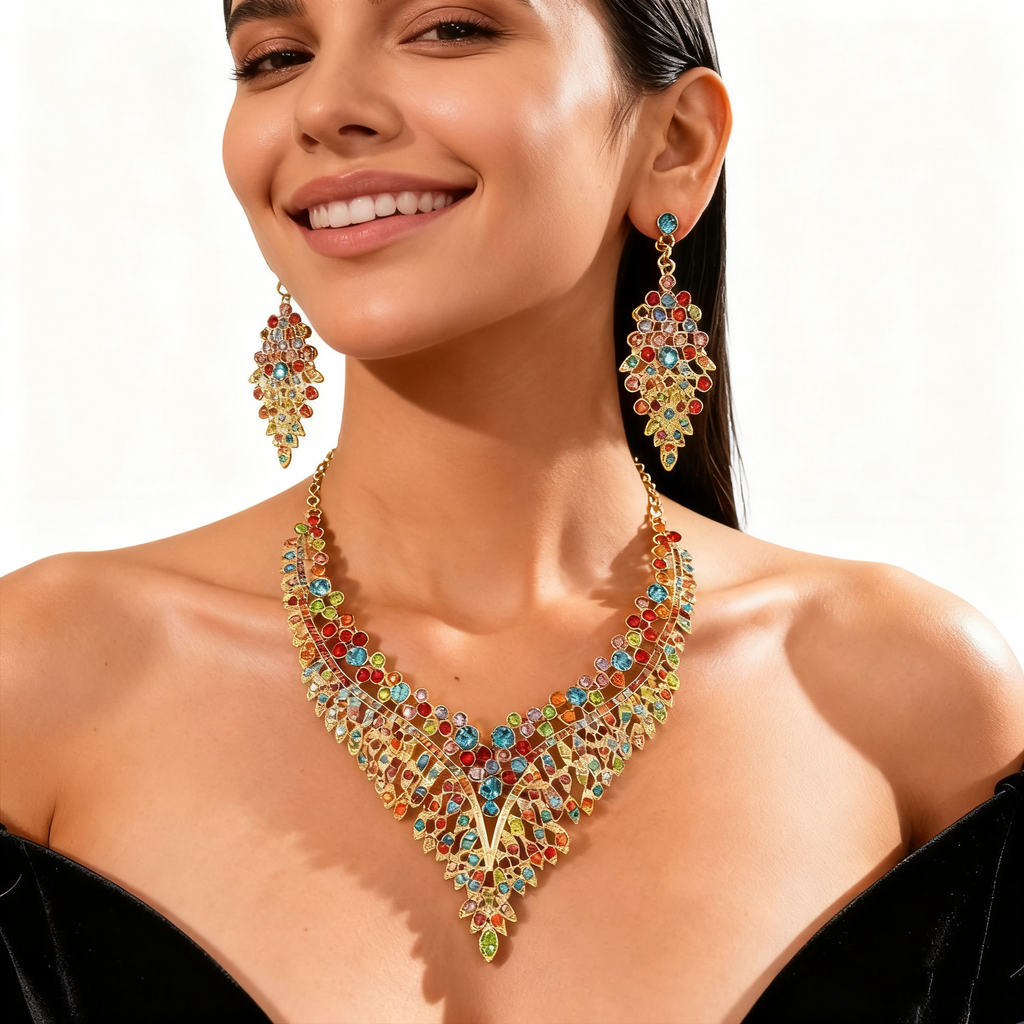 Colorful Crystal Leaf Necklace & Earring Set