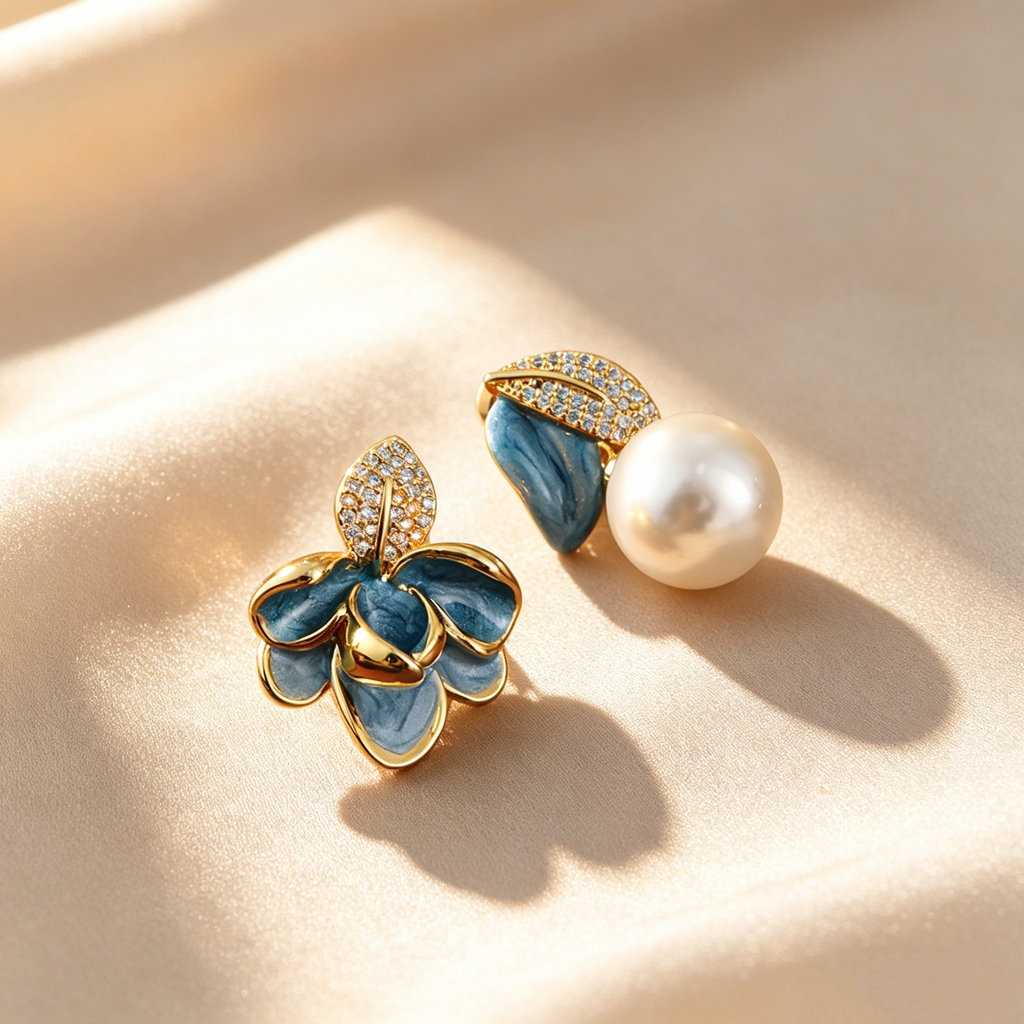 Elegant Asymmetrical Magnolia Enamel & Pearl Drop Earrings