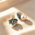 Elegant Asymmetrical Magnolia Enamel & Pearl Drop Earrings