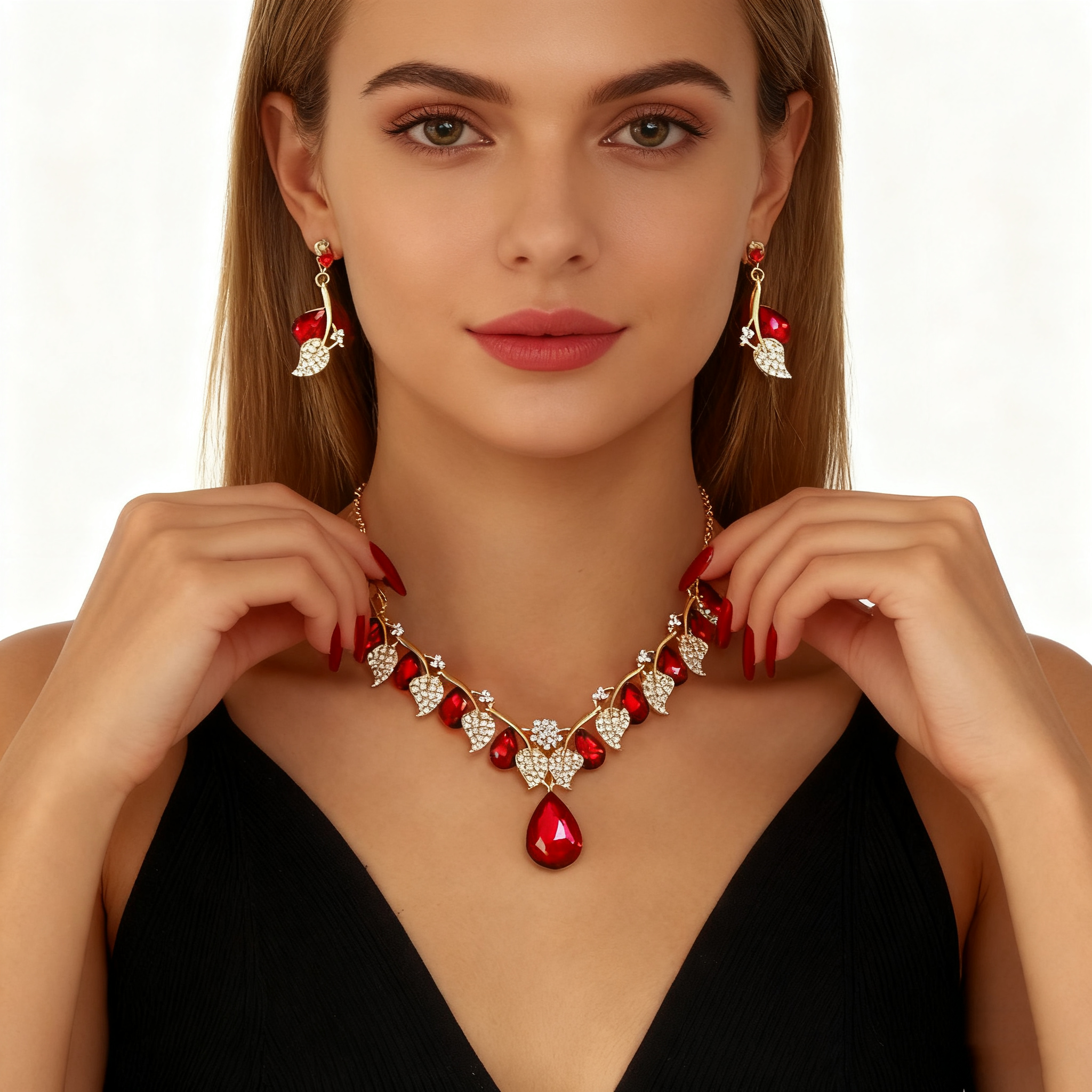 Red Crystal Diamond Necklace & Earring Set