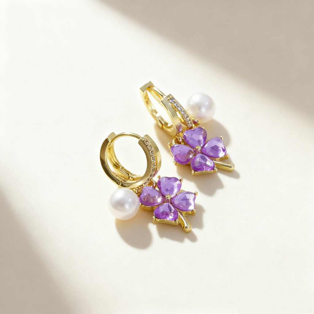 Amethyst Clover & Pearl Double-Layer Earrings