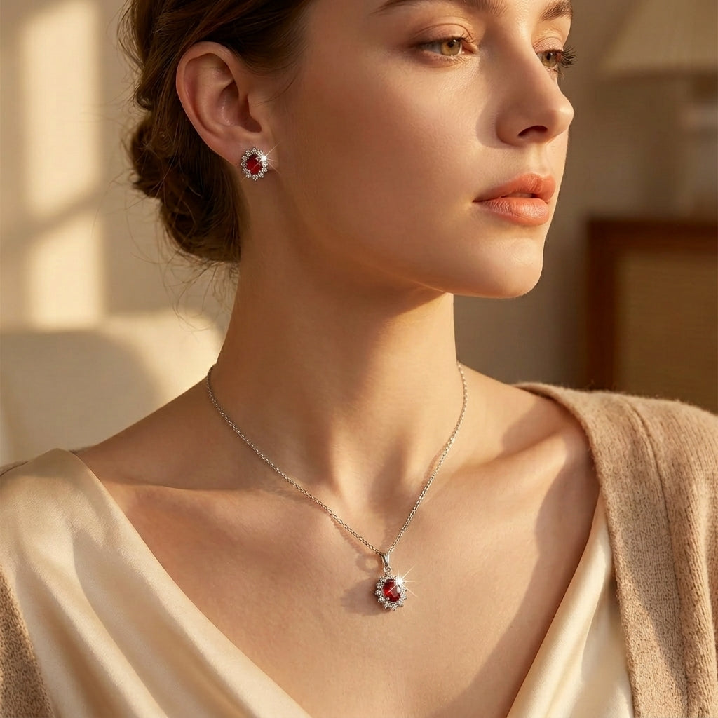 Silver Ruby Floral Jewelry Set