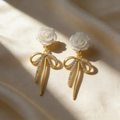 Elegant Bow & White Flower Stud Earrings