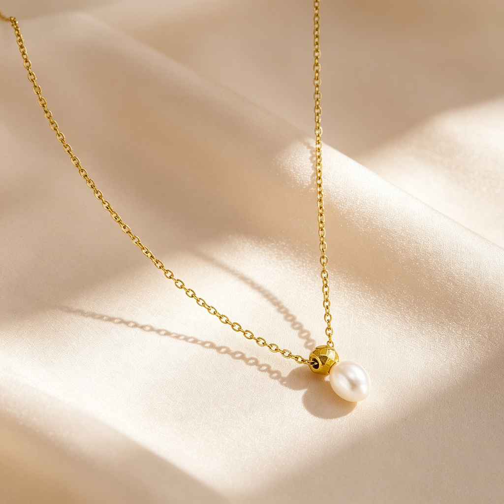 Gold Bead & Natural Pearl Drop Necklace