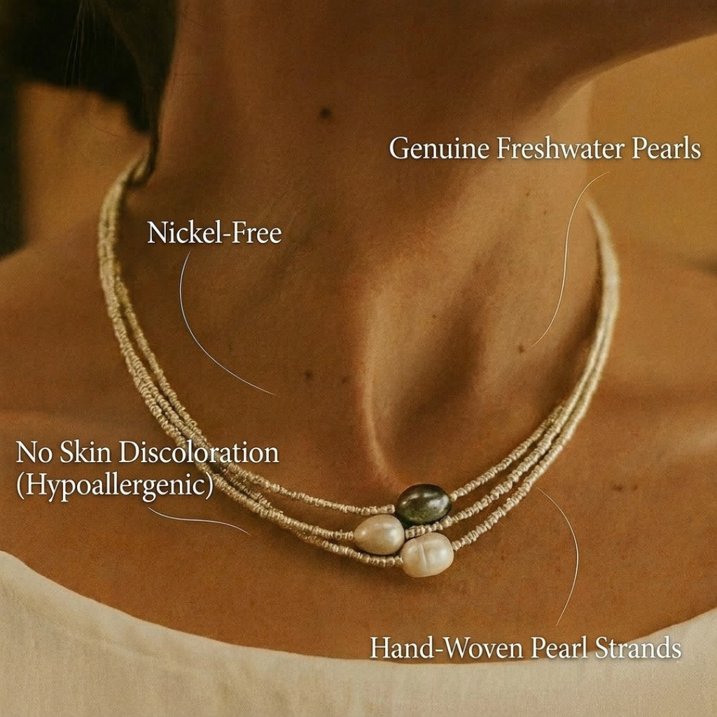 Helene – A beautiful pearl necklace made of multiple threads in harmonious natural colors.