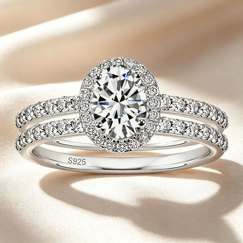 Classic Oval Center Stone Halo Stackable Ring Set