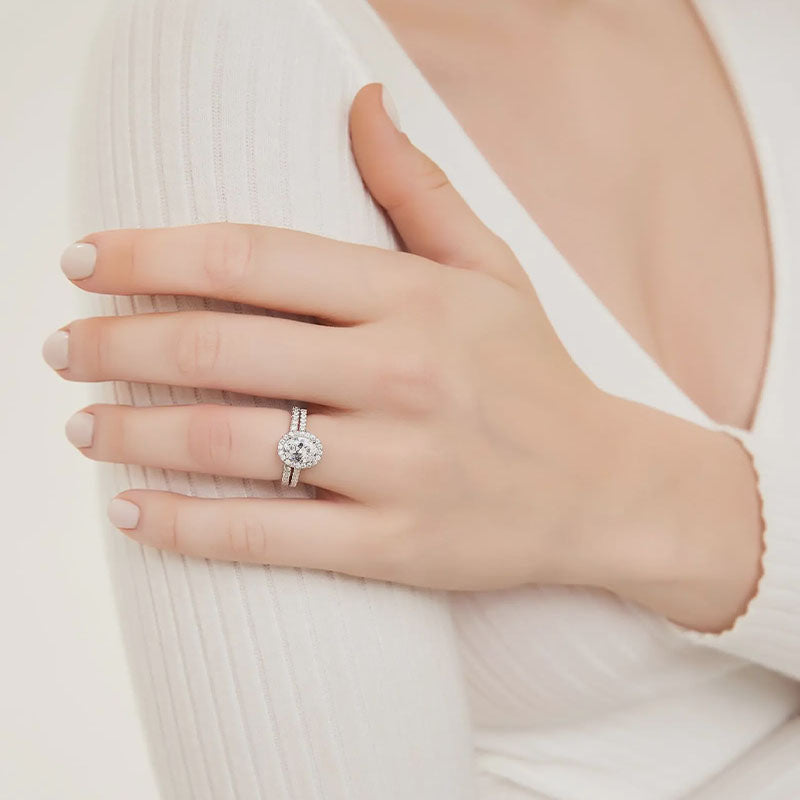 Classic Oval Center Stone Halo Stackable Ring Set