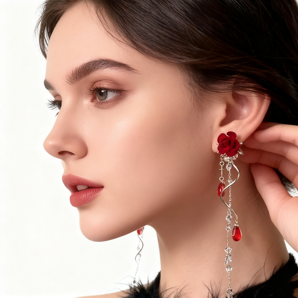 Red Velvet Rose Crystal Earrings