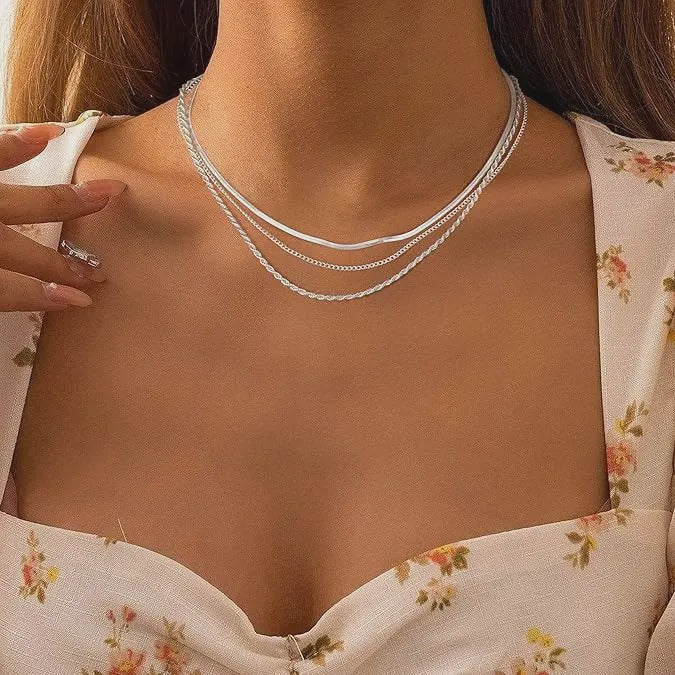 Minimalist Herringbone & Snake Chain Layered Necklace