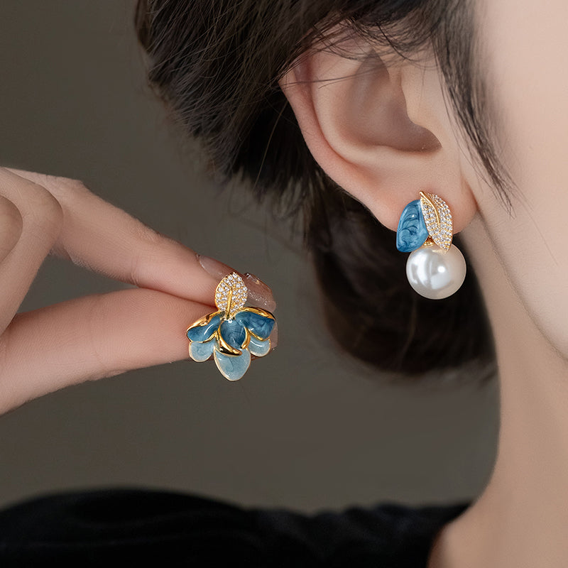 Elegant Asymmetrical Magnolia Enamel & Pearl Drop Earrings