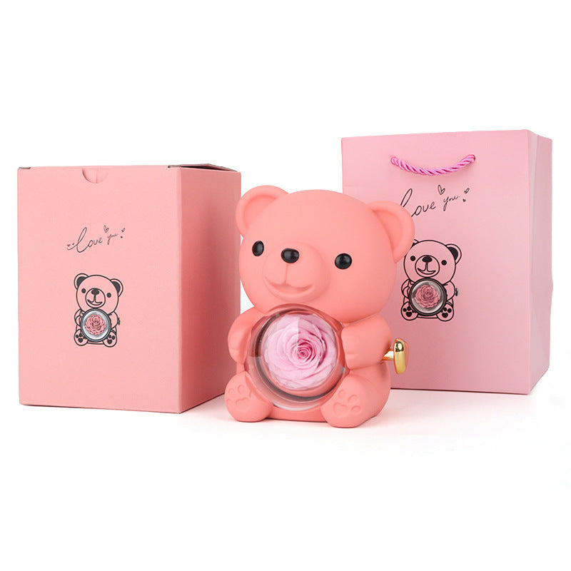 Preserved Rose Bear Gift Box with Heart Necklace