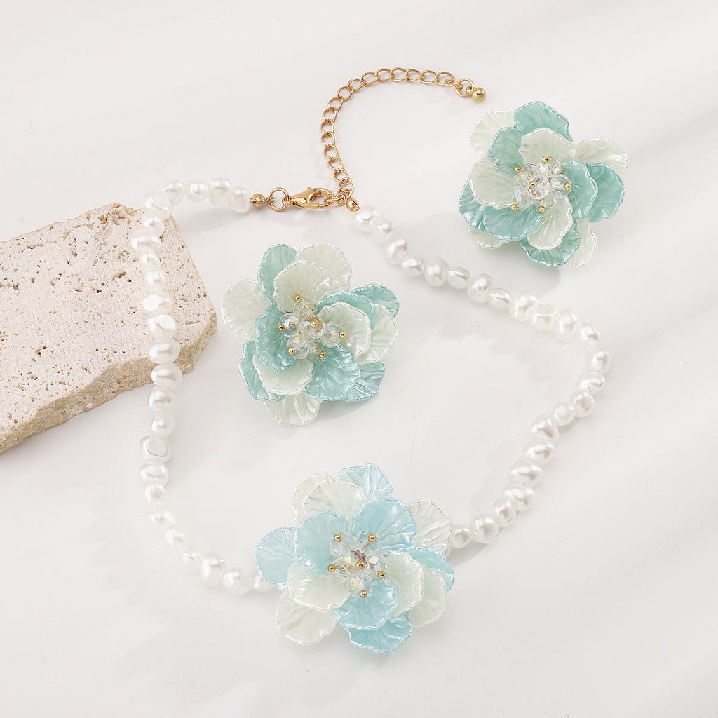 Camellia Pearl Necklace Earring Set