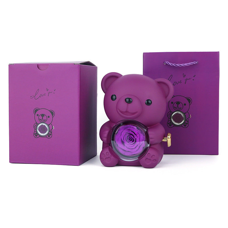 Preserved Rose Bear Gift Box with Heart Necklace