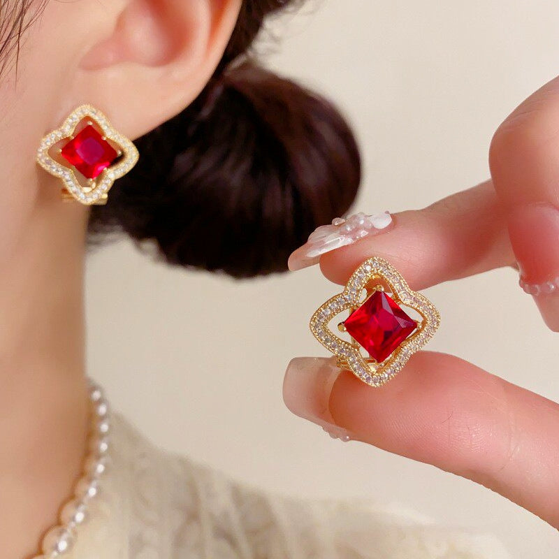 Elegant Four-Leaf Clover Pavé Square Earrings
