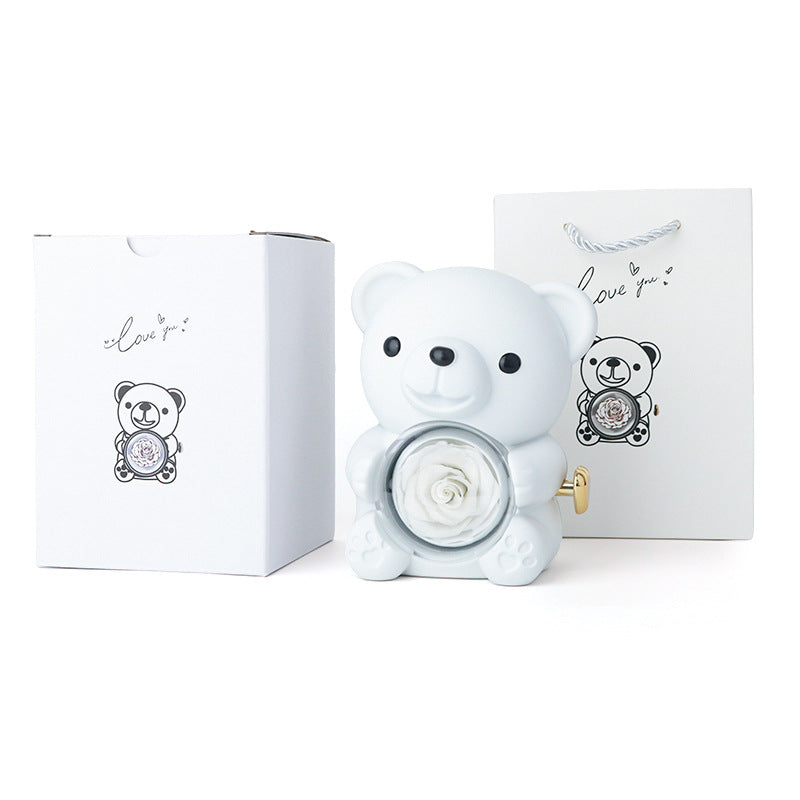 Preserved Rose Bear Gift Box with Heart Necklace