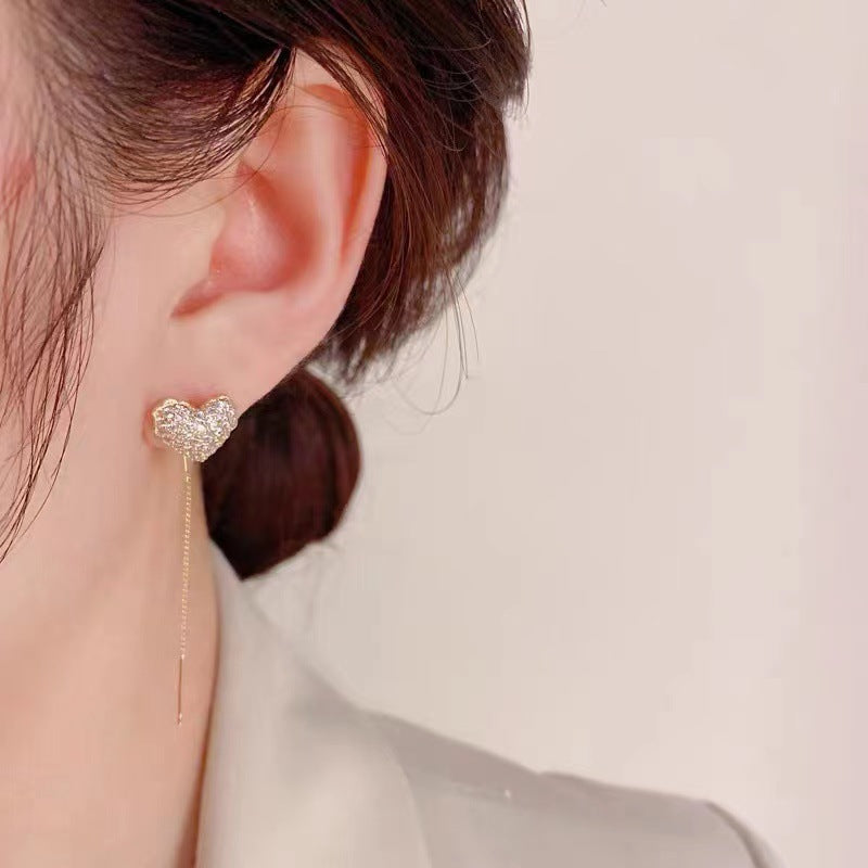 Pavé Heart Tassel Threader Earrings