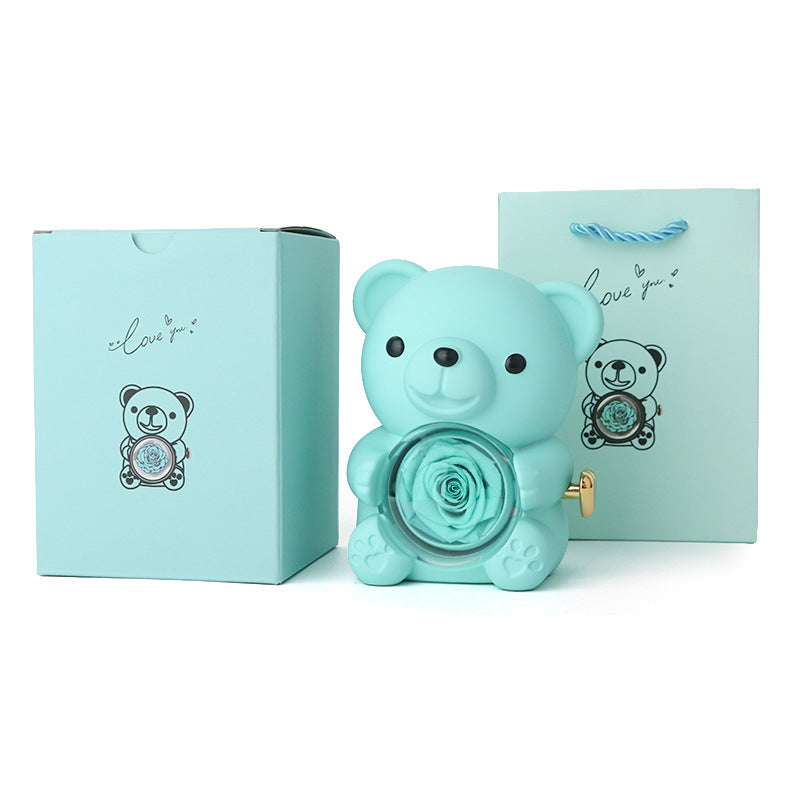 Preserved Rose Bear Gift Box with Heart Necklace