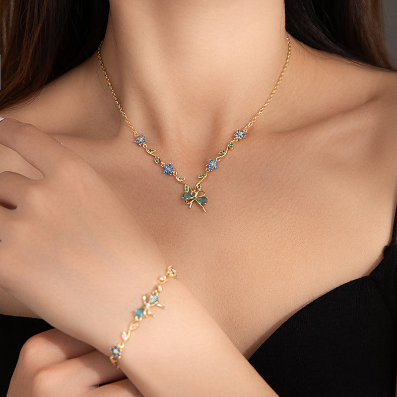 Blue Crystal Floral Butterfly Jewelry Set