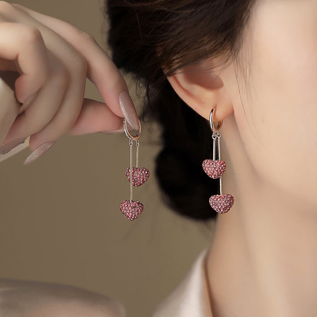 Delicate Double Heart Tassel Earrings