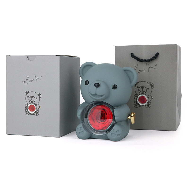 Preserved Rose Bear Gift Box with Heart Necklace