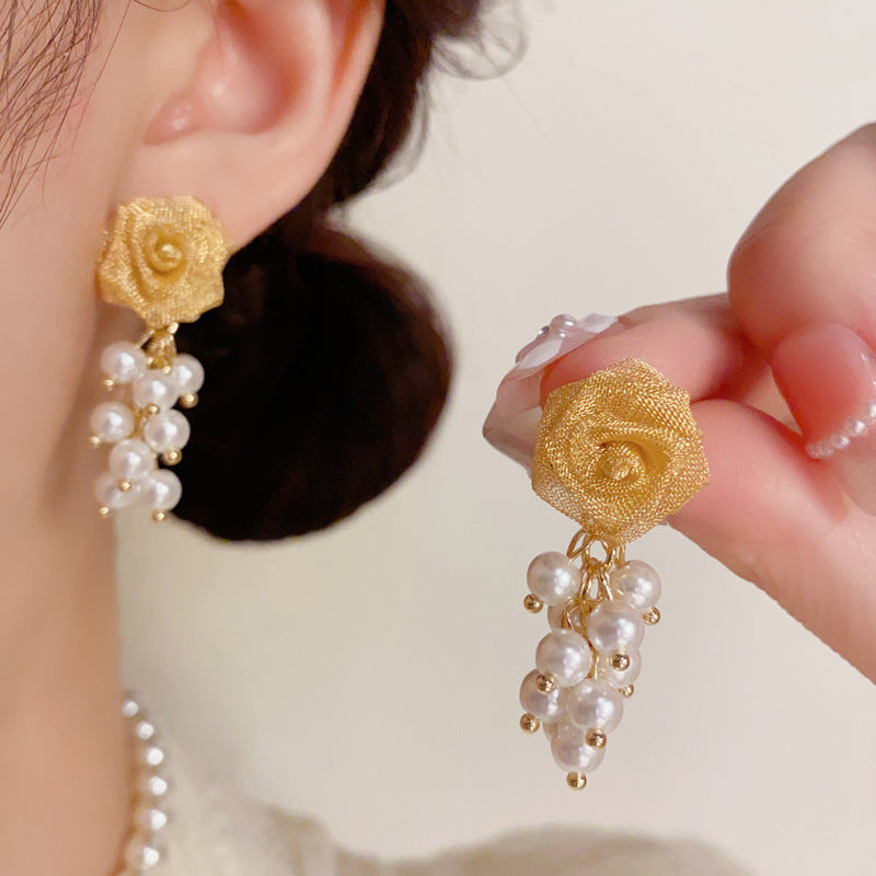 Elegant Rose & Pearl Tassel Drop Earrings