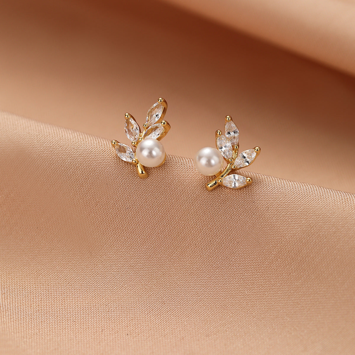 Elegant Leaf & Pearl Stud Earrings