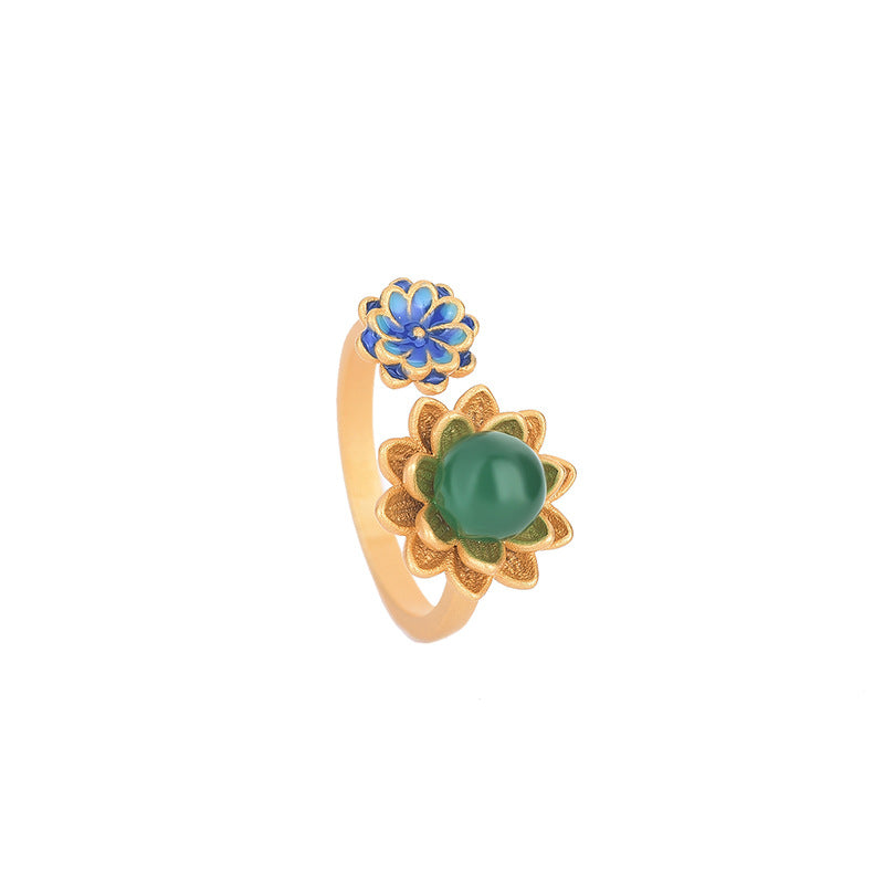 Lotus Natural Emerald Jade Stone Ring