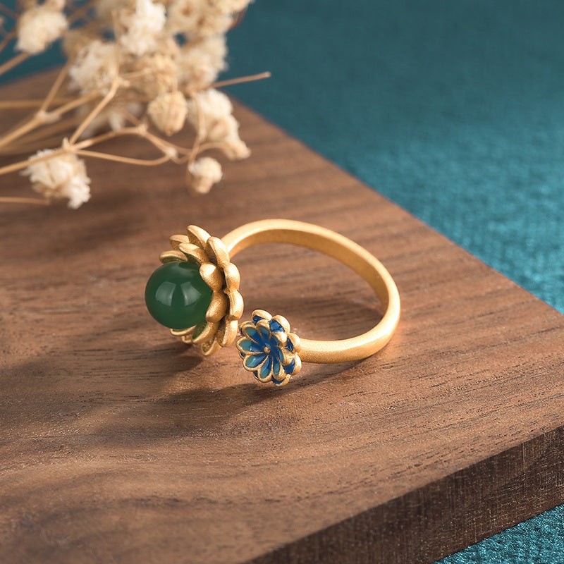 Lotus Natural Emerald Jade Stone Ring