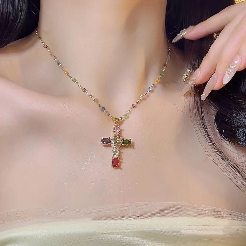 Natural Multicolor Gemstone Cross Necklace