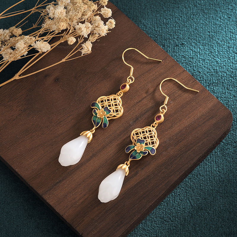 Natural White Jade Flower Drop Earrings