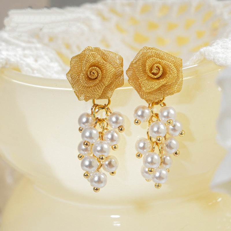 Elegant Rose & Pearl Tassel Drop Earrings