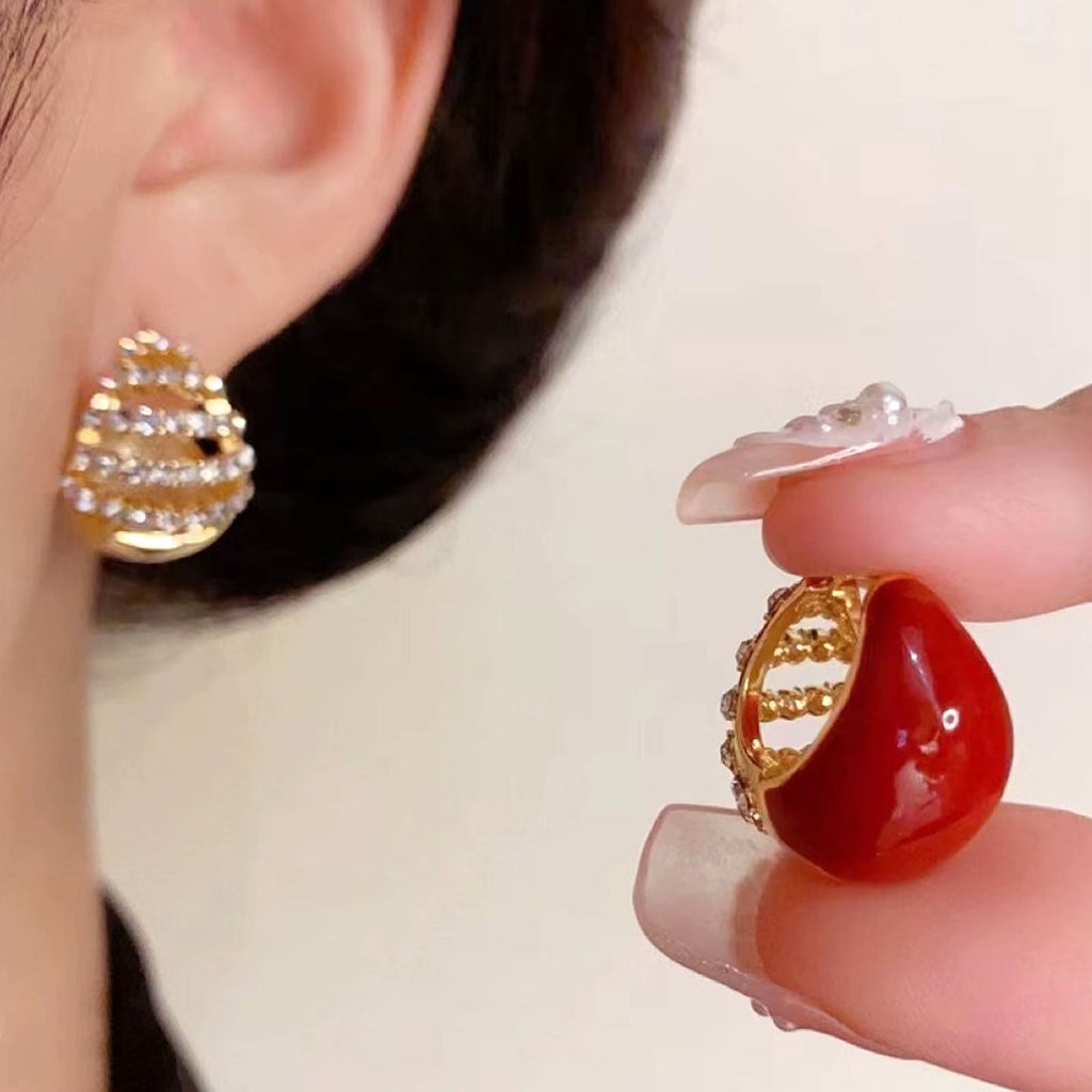 Red Enamel Pavé Teardrop Hoop Earrings