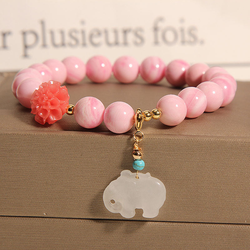 Natural deep sea pink shell beads & Emerald Jade stone bracelet