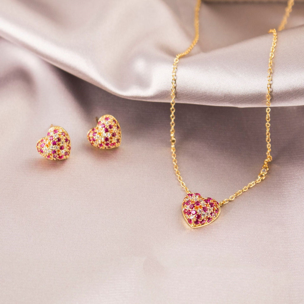Multicolor Crystal Heart Stud Earrings & Necklace Set