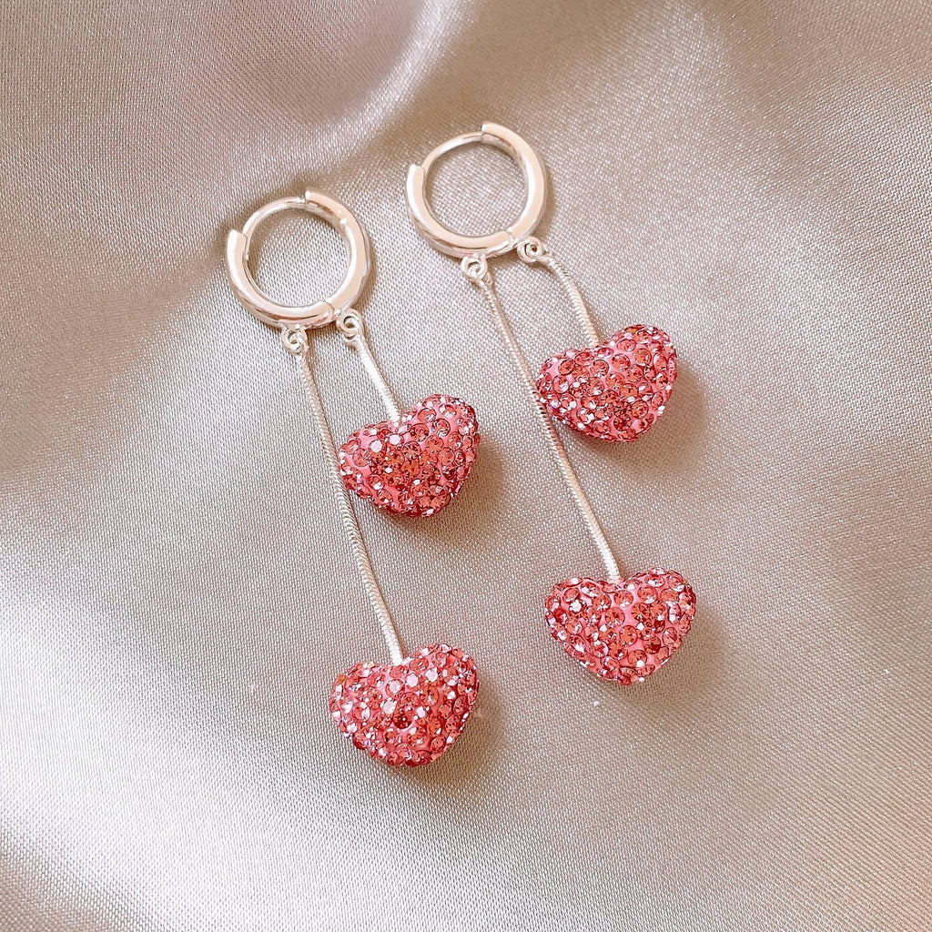 Delicate Double Heart Tassel Earrings