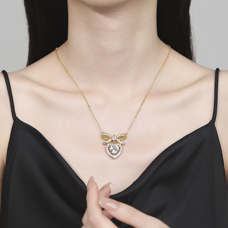 Heart Bow Transparent Crystal Pavé Necklace