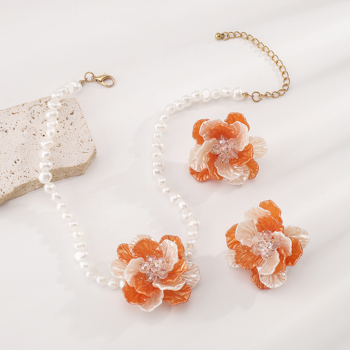 Camellia Pearl Necklace Earring Set
