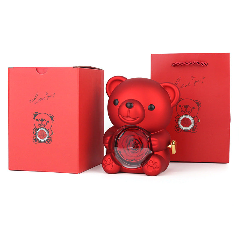 Preserved Rose Bear Gift Box with Heart Necklace