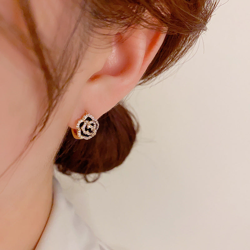 Elegant Black Rose Hoop Drop Earrings