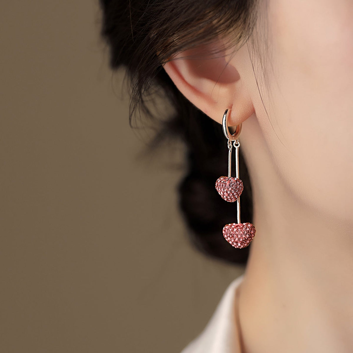 Delicate Double Heart Tassel Earrings