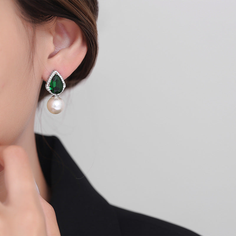 Green Crystal Pavé Pearl Earrings