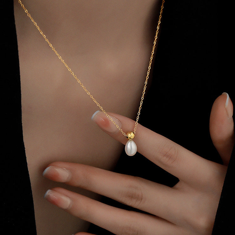 Gold Bead & Natural Pearl Drop Necklace