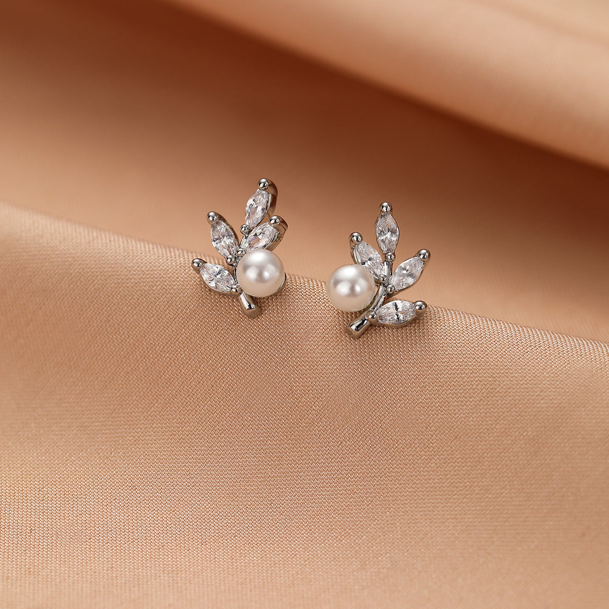Elegant Leaf & Pearl Stud Earrings