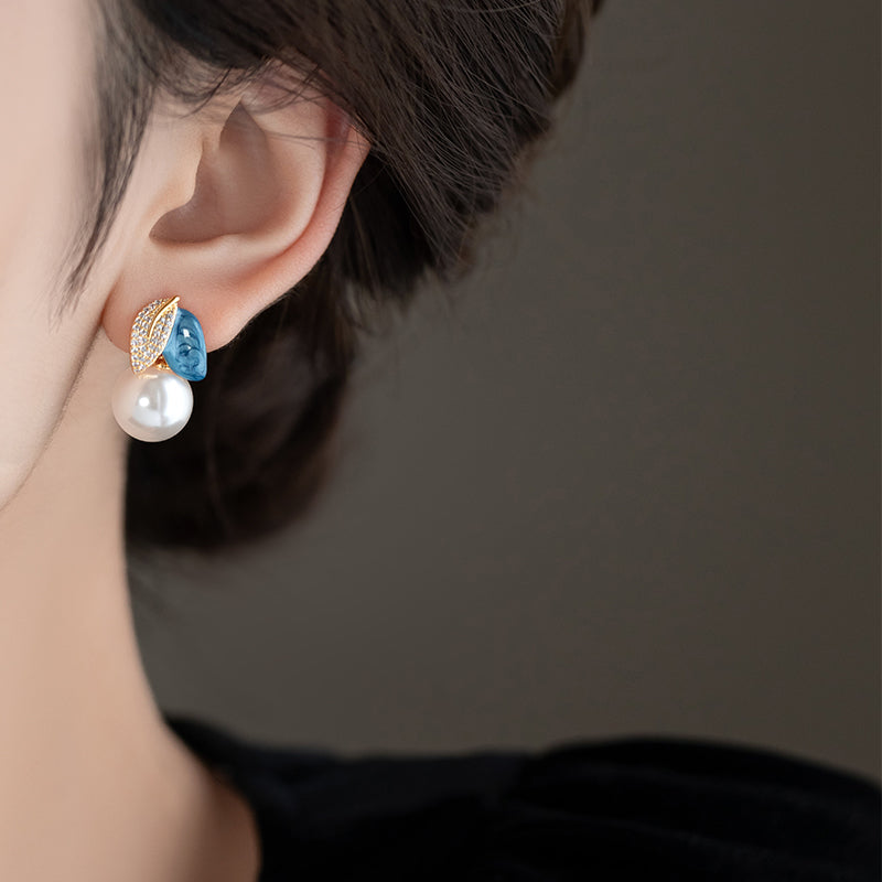 Elegant Asymmetrical Magnolia Enamel & Pearl Drop Earrings