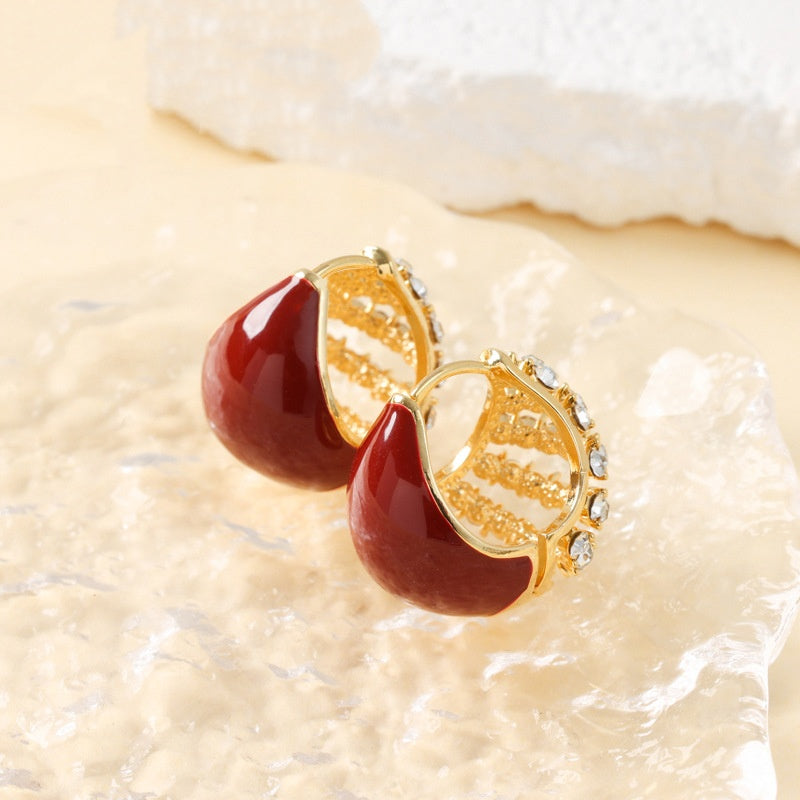 Red Enamel Pavé Teardrop Hoop Earrings