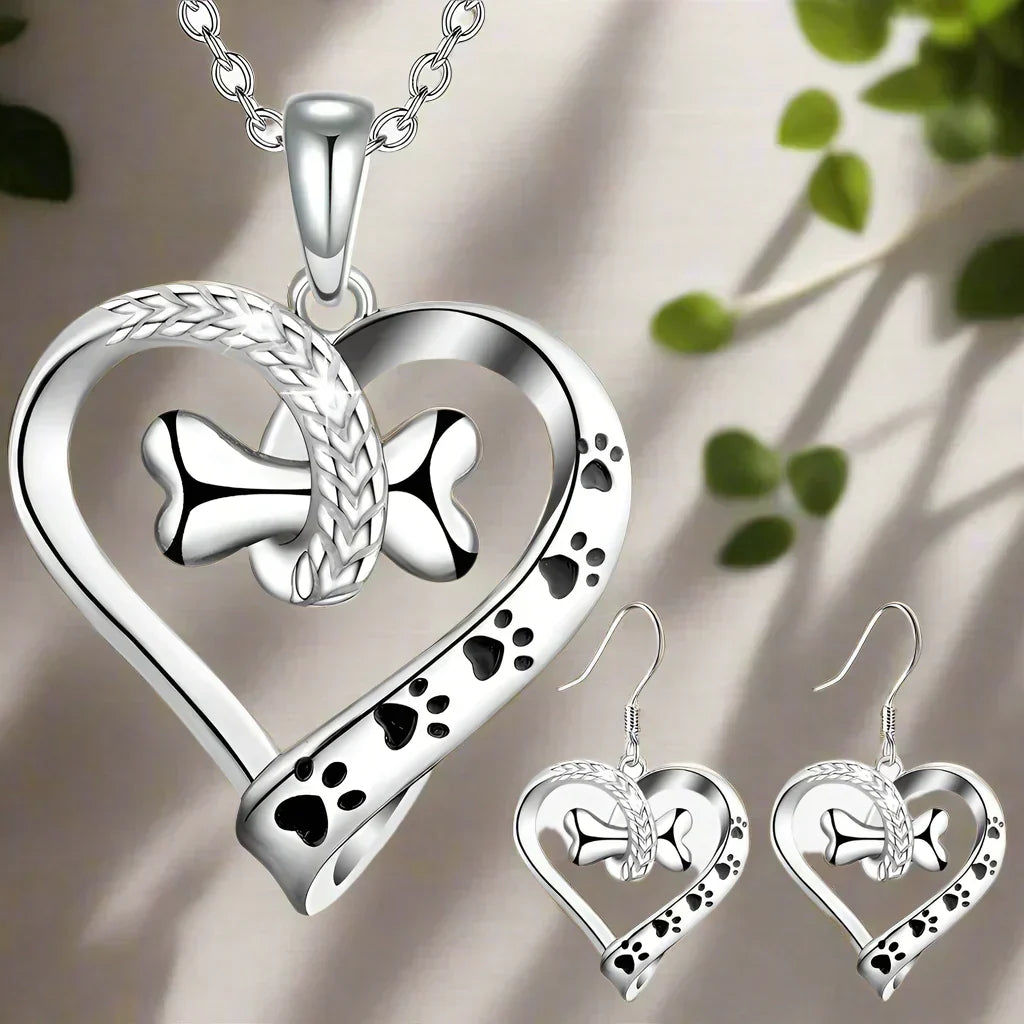 Jewelry Set with Pendant Made of Two Parts (Paw Print, Heart, Bone)