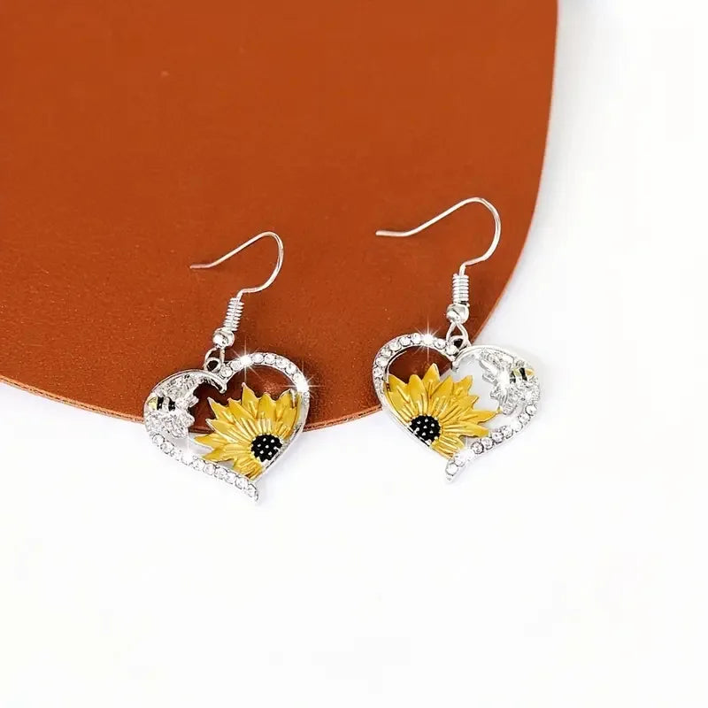 Sunflower and Bee Heart-Shaped Earrings Vintage Bohemian